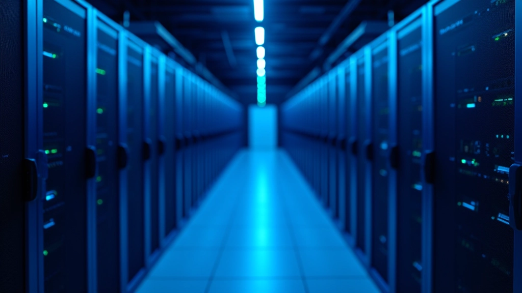 Server room with blue LED lighting showing rows of gaming servers and networking equipment in operation