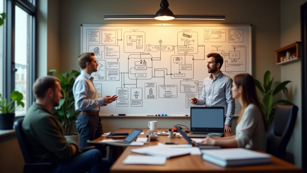 Game designer's workspace with whiteboard sketches showing player interaction flows and matchmaking system diagrams
