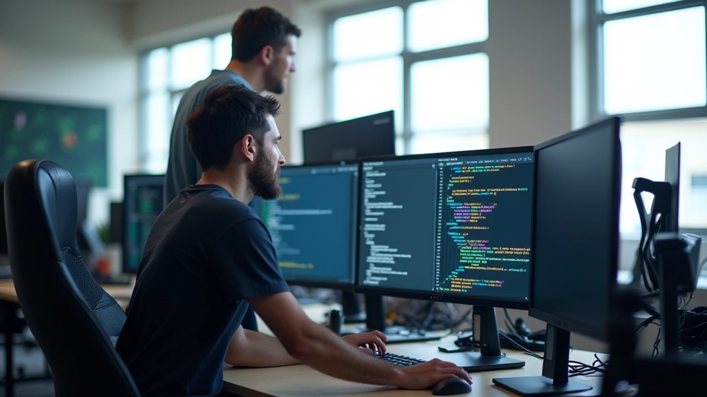 Programmer's desk with code editor displaying network protocol implementation and packet structure visualization