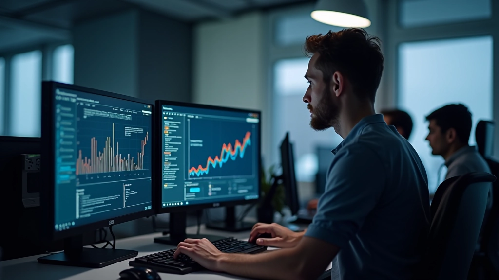 Developer at desk reviewing network latency graphs and packet flow diagrams on multiple monitors