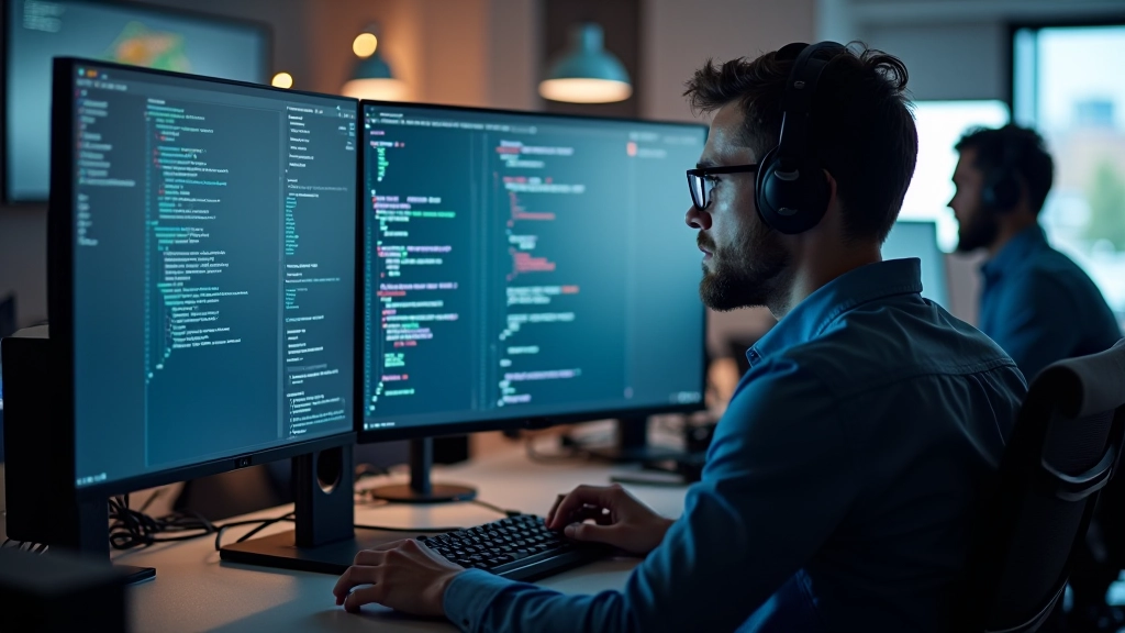Modern game development studio with multiple monitors displaying network architecture diagrams and real-time gameplay data