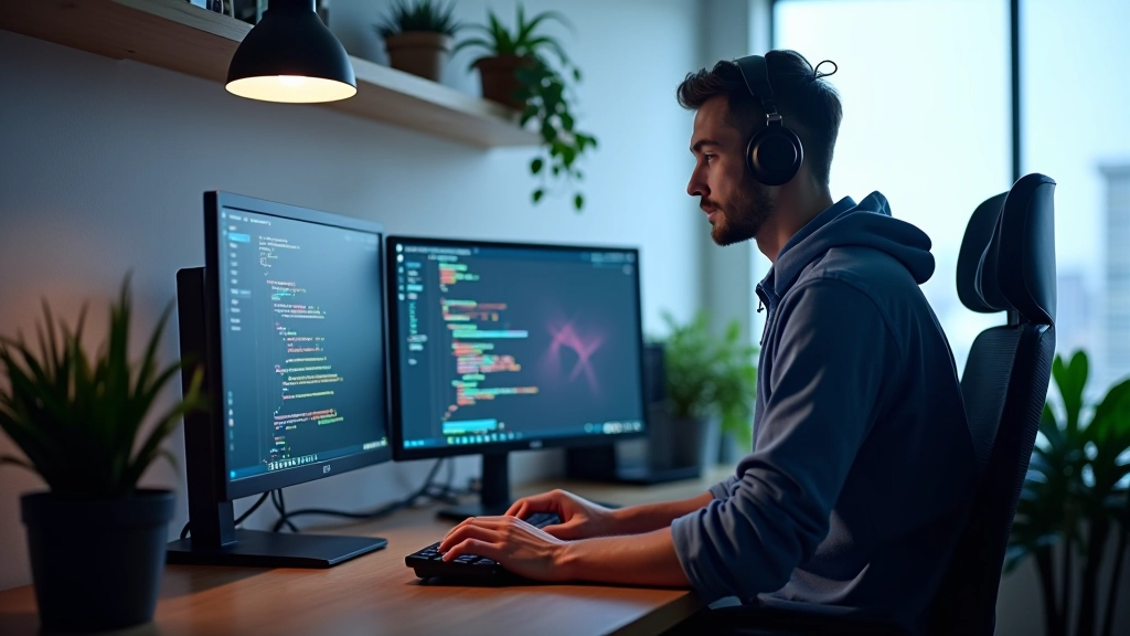 Game developer at workstation with multiple monitors showing network architecture diagrams and code