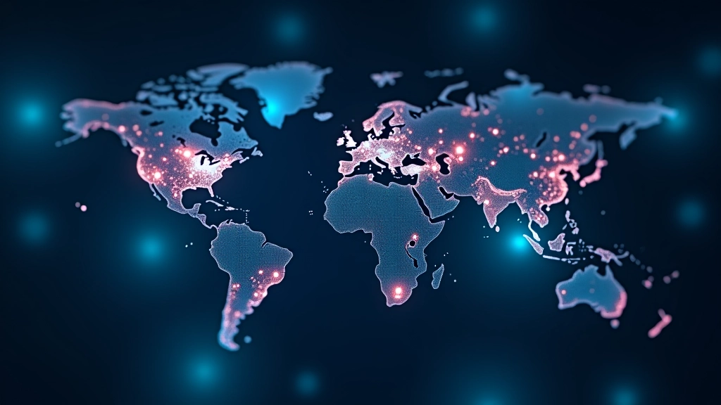 Network latency heatmap showing regional server locations and colored zones indicating ping ranges from 20ms to 300ms+ across different continents